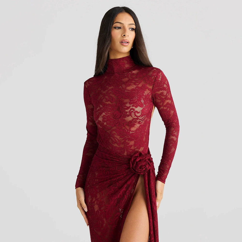 ZARA Sheer Lace Bodysuit & Backless Slit Long Dress Set